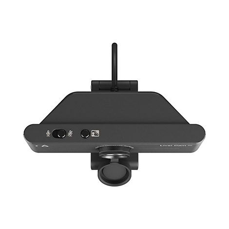 Draufsicht einer schwarzen 4K-Webcam mit Schieberegler für das Mikrofon und einem runden Einstellungsschalter.