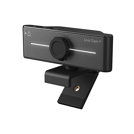 Schwarze 4K Webcam mit Halterung und aufgesetzter Objektivabdeckung vor weißem Hintergrund.