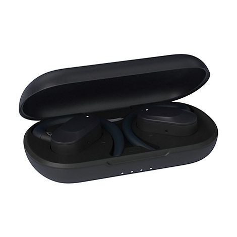 Schwarze In-Ear-Kopfhörer mit Ohrbügeln in einer geöffneten, ebenfalls schwarzen Ladebox.