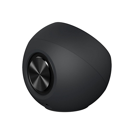Kugelförmiger, schwarzer Bluetooth-Lautsprecher vor neutralem Hintergrund mit metallischem, gebürstetem Akzent.
