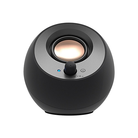Kugelförmiger, schwarzer Lautsprecher mit bronzefarbener Membran, Bluetooth-Symbol und leuchtender blauer LED.