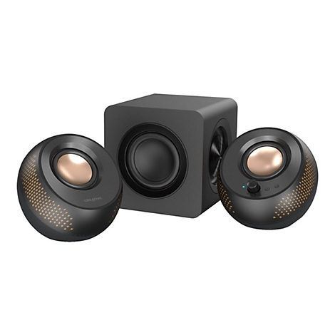 Schwarzes Lautsprechersystem mit Subwoofer und zwei runden Satellitenlautsprechern mit kupferfarbenen Akzenten.