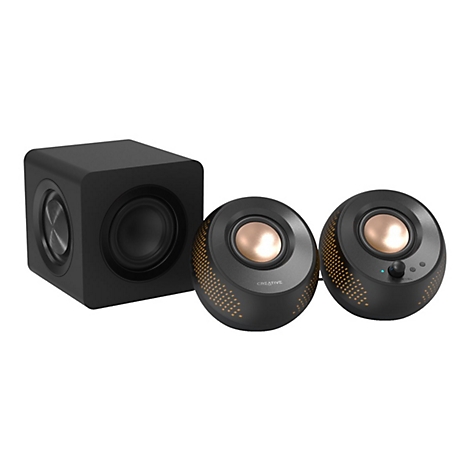 Schwarzes Lautsprechersystem mit einem quaderförmigen Subwoofer und zwei runden, bronzefarbenen Satellitenlautsprechern.