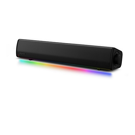 Schwarze Creative Soundbar mit einer regenbogenfarbenen LED-Beleuchtung an der Unterseite vor weißem Hintergrund.
