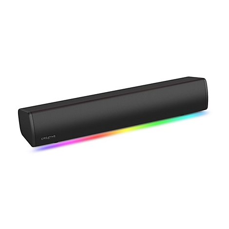 Schwarze Creative Soundbar mit fein gelochter Front und schmaler, regenbogenfarbener LED-Beleuchtung an der Unterseite.