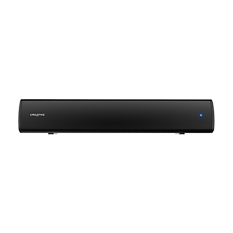 Schwarze Creative Soundbar vor weißem Hintergrund mit leuchtend blauer Status-LED.