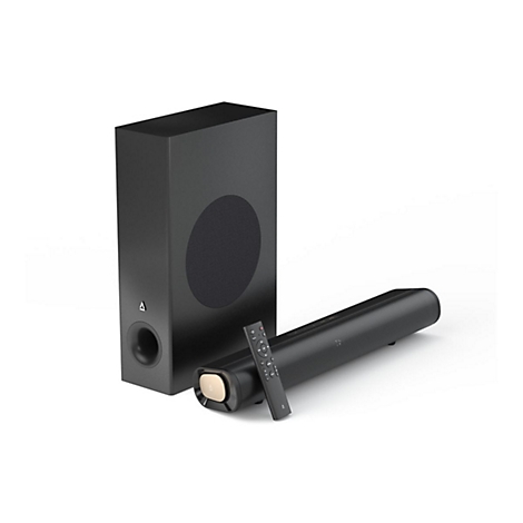 Schwarze Soundbar und Subwoofer mit Fernbedienung vor weißem Hintergrund.