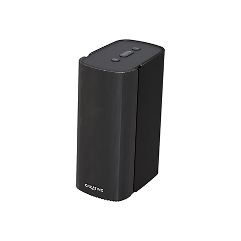 Schwarzer, rechteckiger Creative Bluetooth-Lautsprecher vor weißem Hintergrund mit Bedienelementen auf der Oberseite.