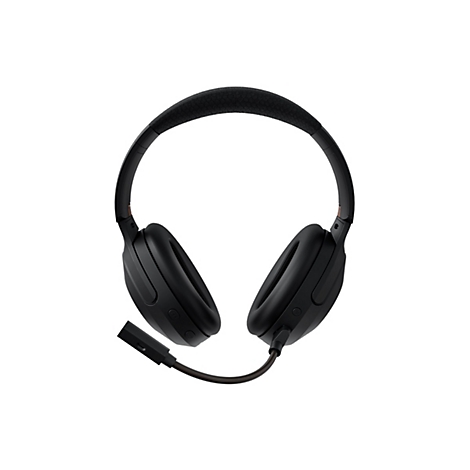 Schwarzes Over-Ear-Headset mit ausziehbarem Mikrofon vor weißem Hintergrund.