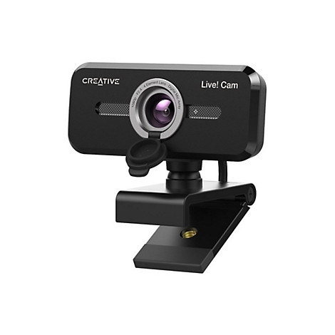 Schwarze Webcam von Creative, mit Objektiv und Mikrofon. Aufschrift: Live! Cam.