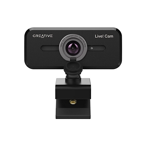 Schwarze Webcam mit Creative-Logo und „Live! Cam“-Schriftzug. Objektiv mit Objektivabdeckung und Standfuß.