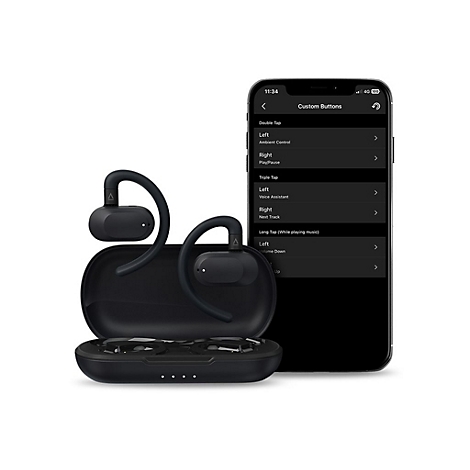 Schwarze OhrhÃ¶rer mit Ladecase und Smartphone mit MenÃ¼ zur Tastenanpassung. OhrhÃ¶rer mit BÃ¼geln, die hinter den Ohren gehalten werden.