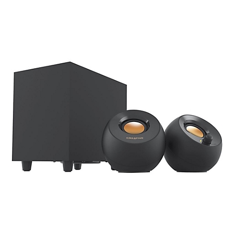Drei schwarze Lautsprecher, ein Subwoofer und zwei kugelfÃ¶rmige Satelliten mit goldenen Mittelteilen. Creative ist auf den Satelliten gedruckt.