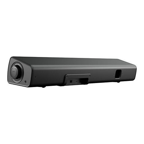 Dunkelgraue Soundbar, schräg von oben fotografiert. Auf der linken Seite befindet sich ein Drehknopf mit der Aufschrift "Power Mute".