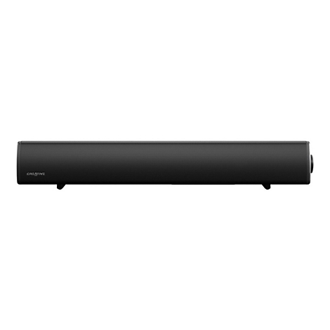 Schwarze Soundbar auf weißem Hintergrund. Der Schriftzug CREATIVE ist sichtbar.
