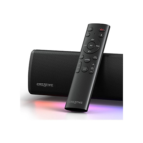 Schwarze Soundbar mit Fernbedienung. Auf der Soundbar steht "CREATIVE", die Fernbedienung hat viele Knöpfe.