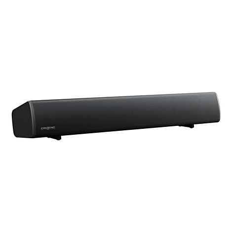 Schwarze Soundbar mit "Creative" Schriftzug. Steht auf zwei kleinen Füßen.