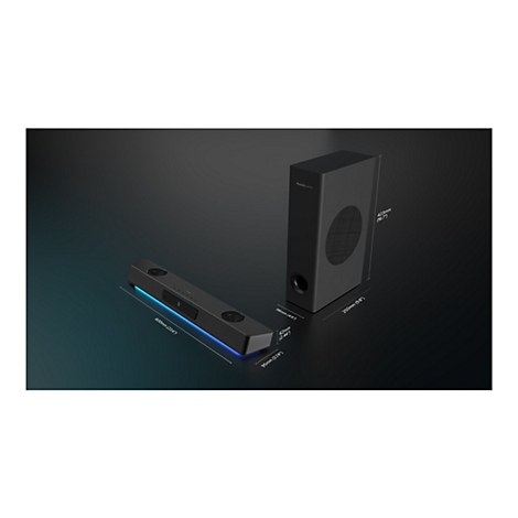 Dunkelgraues Soundbar-System mit separatem Subwoofer, mit Größenangaben beschriftet. Blaue Beleuchtung unter der Soundbar.