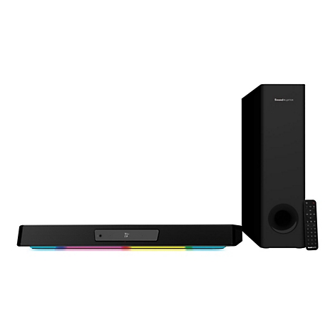 Schwarze Soundbar mit farbiger Beleuchtung, Subwoofer und Fernbedienung auf weißem Hintergrund.