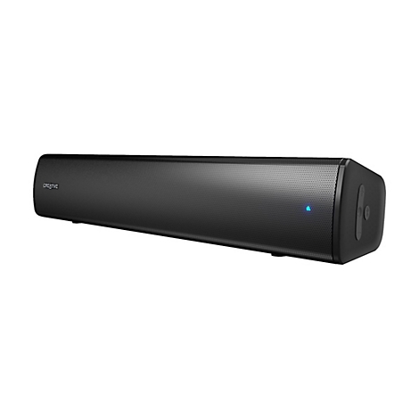 Schwarze Soundbar mit Creative-Logo und blauer LED-Leuchte. Das Design ist minimalistisch.