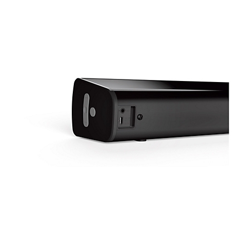 Schwarze Soundbar. Auf der linken Seite Knöpfe, rechts Anschlüsse.