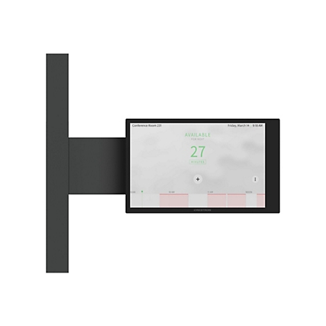 Schwarzes Display an einer Halterung. Es zeigt die Verfügbarkeit eines Konferenzraums in Minuten an, sowie Datum und Uhrzeit.