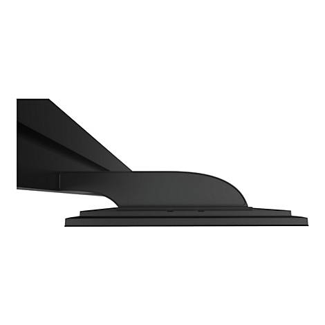 Detailaufnahme einer schwarzen, modernen Schreibtischhalterung. Die Halterung hat eine geschwungene Form und steht auf einer flachen Basis.