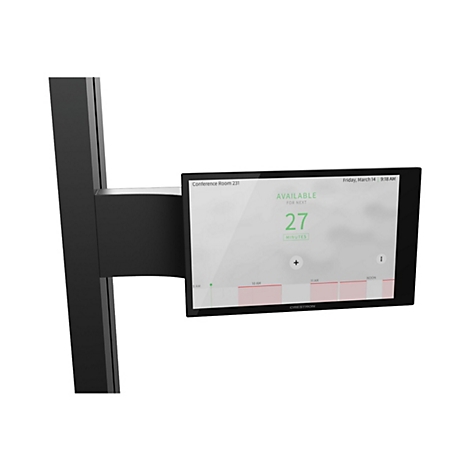 Ein schwarzes Wandmontage-Tableau mit einem Bildschirm, der die Verfügbarkeit eines Konferenzraums anzeigt. Oben steht der Raumname, Datum und Uhrzeit. Der Bildschirm zeigt 'AVAILABLE FOR NEXT 27 MINUTES'.