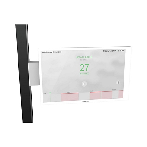 Konferenzraum-Monitor mit Verfügbarkeitsanzeige: 27 Minuten frei. Oben rechts: Datum und Uhrzeit.