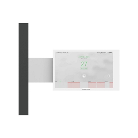 Ein Touchscreen zeigt Konferenzraum-Informationen: Verfügbar in 27 Minuten. Zeitleiste mit farbigen Balken. "Crestron" Logo.
