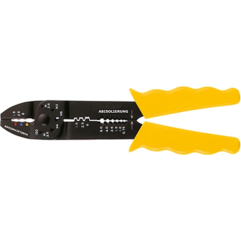 Wire stripper with yellow handles and black head with markings.