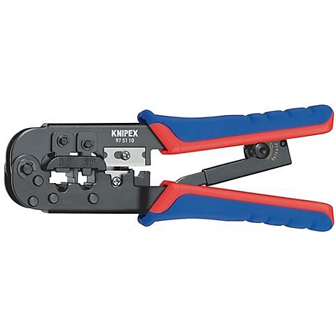 Knipex Crimpzange, Metallteile schwarz, Griffe blau und rot. Aufschrift: KNIPEX 97 51 10.