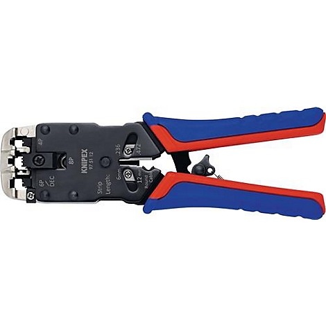 Eine Zange, blau-rot, mit schwarzem Mittelteil. Beschriftung Knipex 97 51 12.