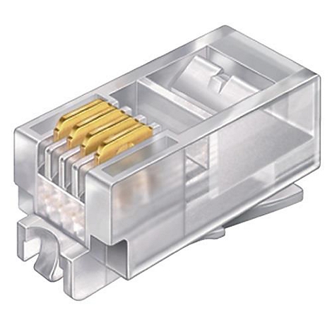 Transparenter RJ45-Stecker mit goldenen Kontakten und Verriegelung.