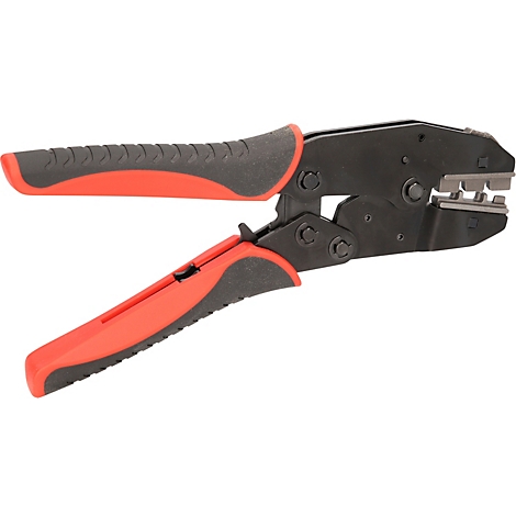 Crimpzange mit roten und schwarzen Griffen. Der Kopf der Zange ist silberfarben.