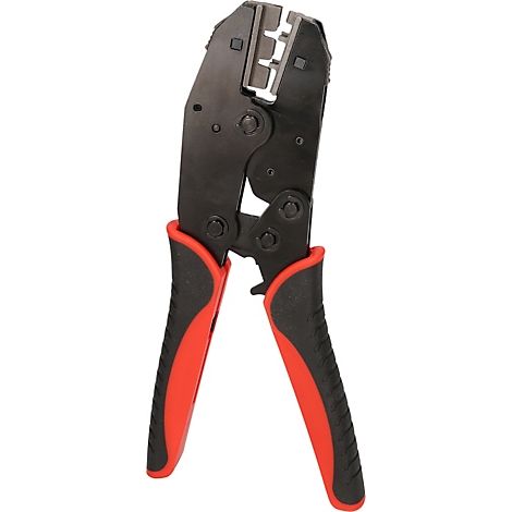 Crimpzange mit schwarzem Griff und rotem Akzent.