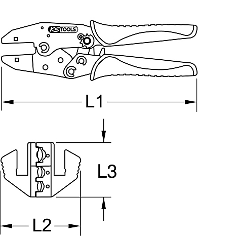 Drahtcrimper und ein Detailbild. Beide zeigen die Form des Werkzeugs. Das Detail zeigt die Crimperbacken.