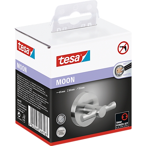 Emballage avec un crochet argenté de la marque Tesa, les mots "MOON" et "Easy On".