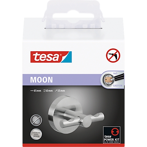 Emballage avec un porte-serviettes argenté de Tesa, nom du produit : Moon.