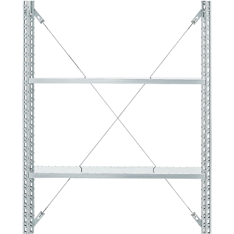 A silver, empty metal shelf with three shelves, diagonal braces and a hole pattern in the sides.