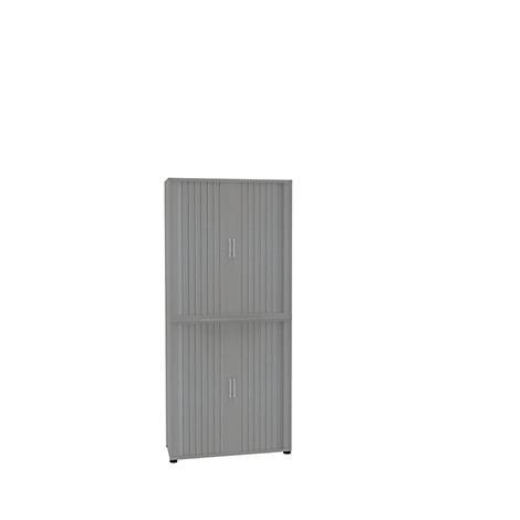 Gray, vertically ribbed cabinet with two doors, white background.