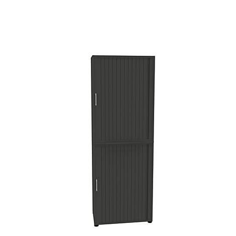 Dark gray cabinet with two doors on a white background.
