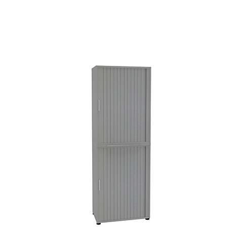 Gray cabinet with grooved doors against white background.