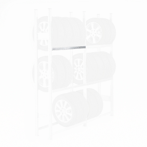 Steel shelf with four tires. The focus is on a metal support.