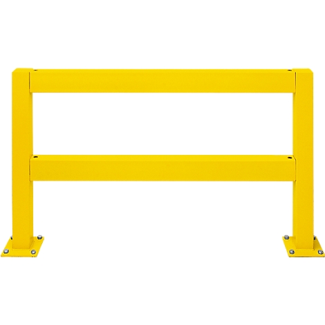 Yellow safety barrier with two horizontal bars and square feet. On a light background.