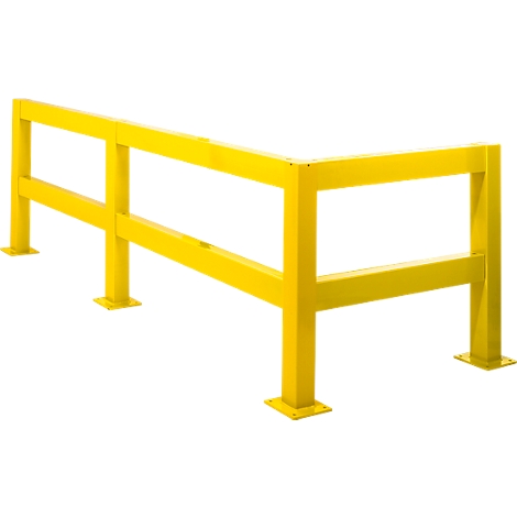 Yellow painted railing with rectangular posts and horizontal bars. It stands on a white surface.