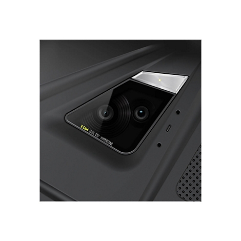 Nahaufnahme einer Kamera. Der Text "X-CAM - DUAL 120° - HYPERSTAB" ist sichtbar.