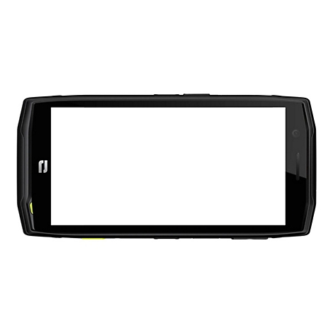 Ein schwarzes Smartphone mit großem, weißem Bildschirm. An den Rändern befinden sich Details wie eine Kamera und ein Logo.