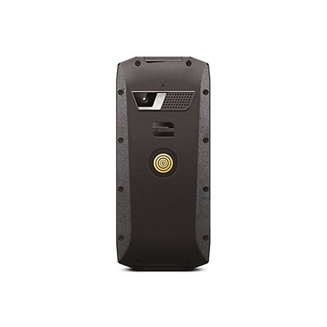 Rückseite eines robusten Smartphones, dunkelgrau mit Kamera, Blitz und Lautsprecher. Unten ein kreisförmiges, goldenes Element.