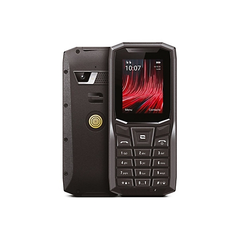 Dunkelgraues Mobiltelefon mit roten Display-Details. Ein zweites, zur Seite gedrehtes Telefon, zeigt die Rückseite mit Kamera und Logo.